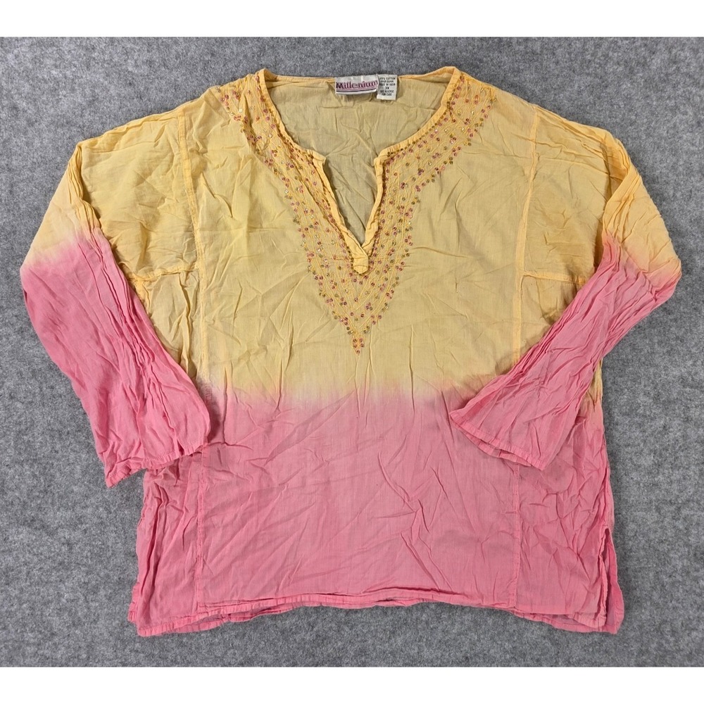 Millenium Vintage Boho Tunic Blouse 3X Beaded Neckline Yellow Pink Ombre Top
